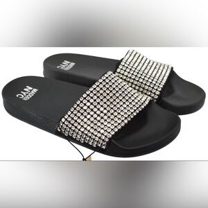 MADDEN NYC Jeweled Slide Sandals Black with Sparkly Rhinestones